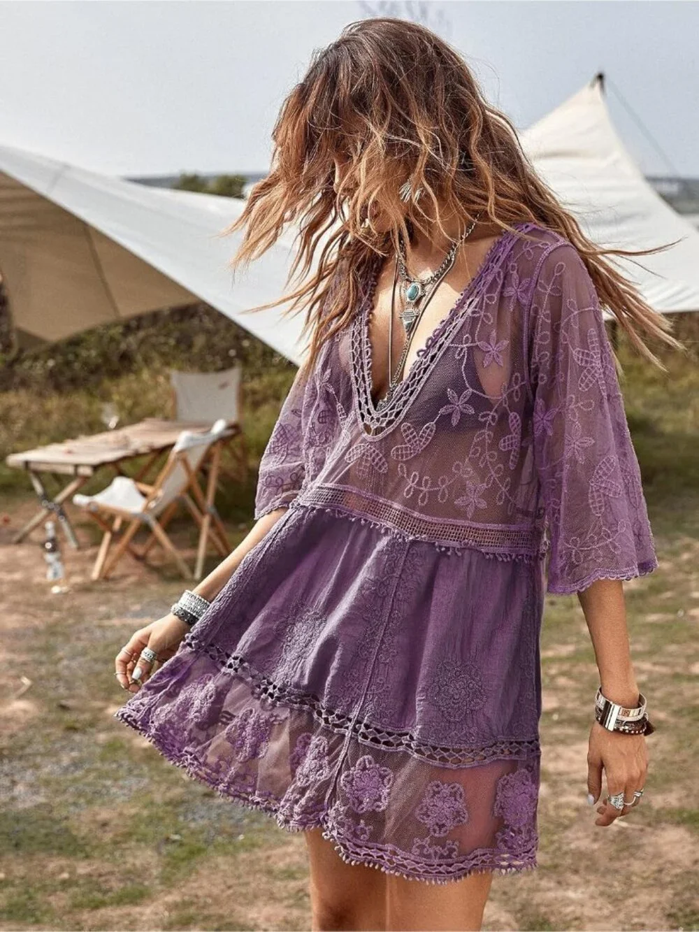Womens Purple Rayon V-Neck Coverup Sheer Mesh Lace Bathing Suit Swimsuit Coverup